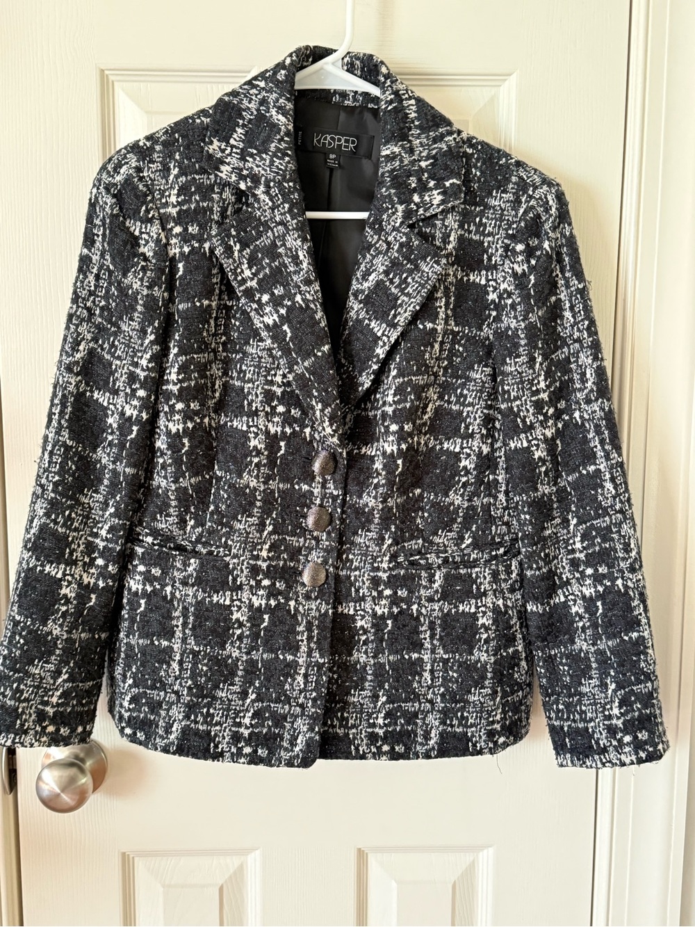 Kasper Petite 8P Black White Tweed Blazer Jacket Career Office Chic